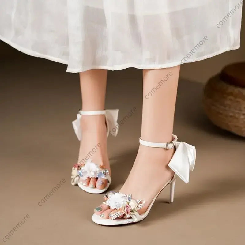 Summer Fashion Shoes Woman Pumps Open Toe Satin Flower Bow Buckle High Heels Ladies Sandals Women's Dress Wedding Party Shoes