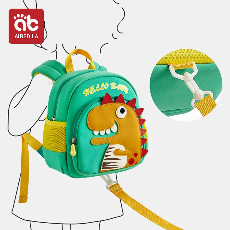 AIBEDILA Children Cute Cartoon 3D Dinosaur School Bags Anti-lost Boys Backpacks Girls Toddler Rucksack Kindergarten Schoolbag