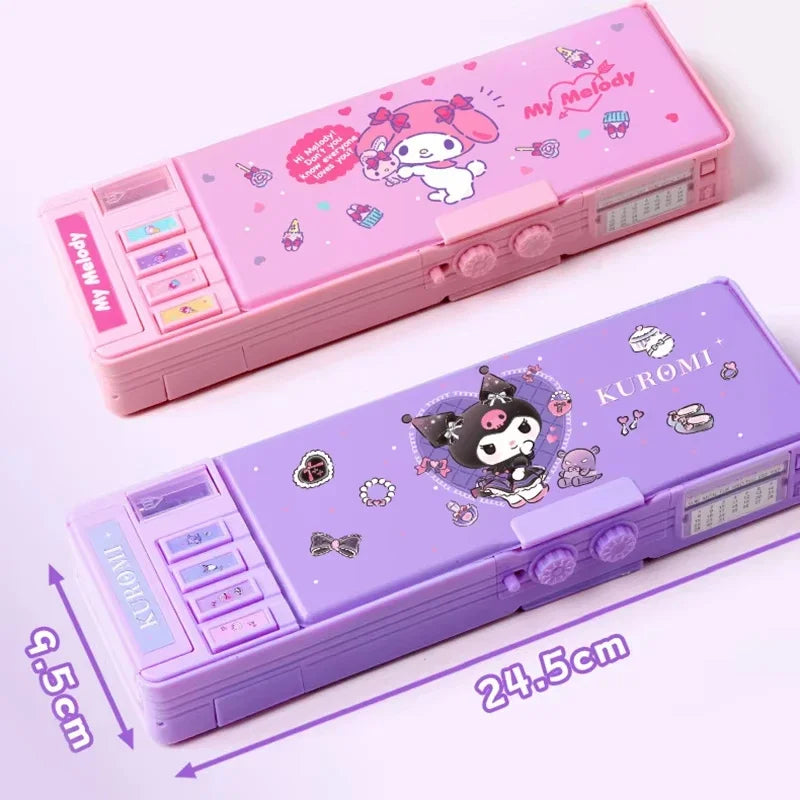 Sanrio Multifunction Stationery Box Kuromi Melody Cinnamoroll Bilayer Coded Lock Pencil Box Large Capacity Students Supply Gift