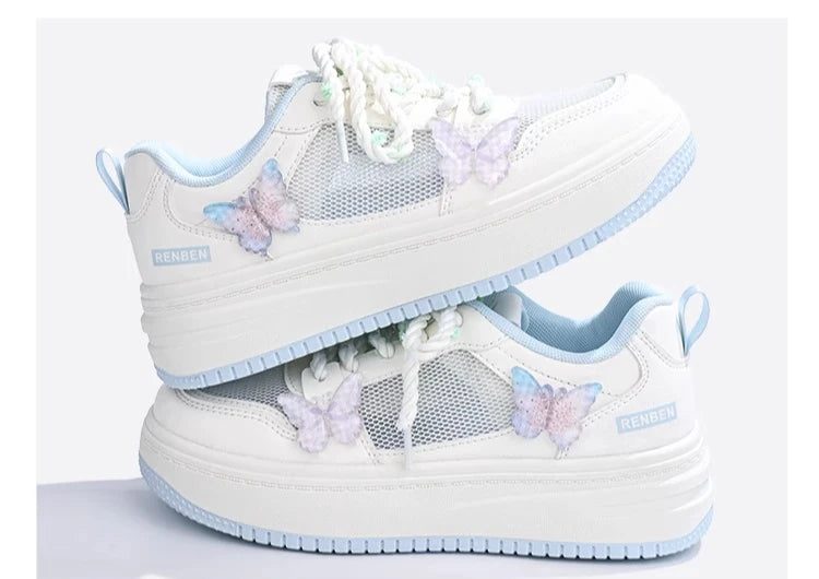 2025 Spring Summer New Versatile White Shoes Mesh Breathable Butterfly Embroidery Thin Height-Increasing Flat Sneakers