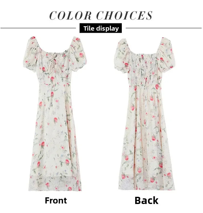 Elegant Summer Dress with Bubble Sleeves And Bellflower Pattern Slimming Empire Waist Knee-Length Polyester Fiber Short Sleeve