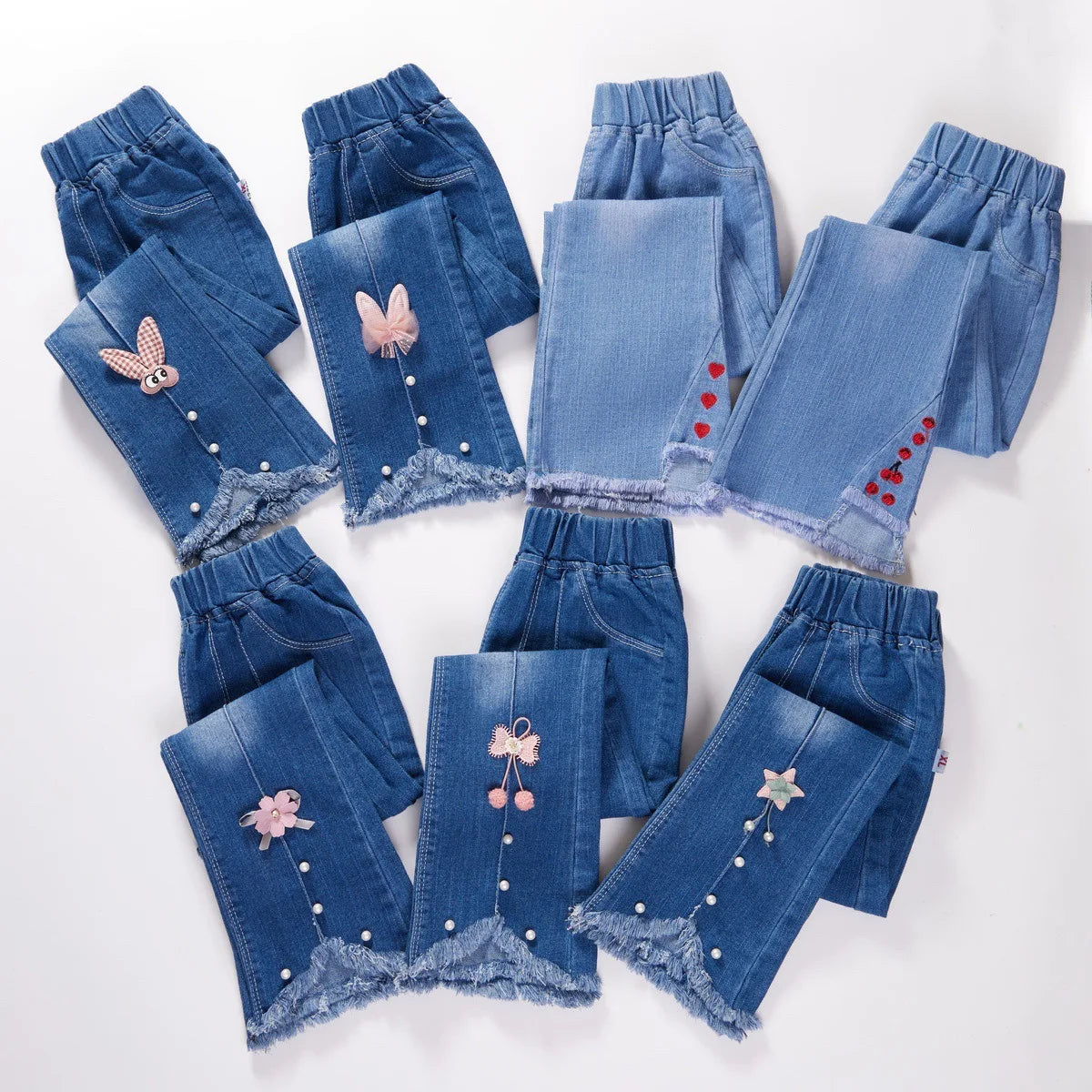 3-12 Year Old Girls' Jeans 2024 New Children's Fashion Lace Long Pants Sweet Korean Bow Flare Pants Loose Casual Pants