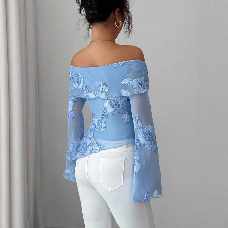 Sexy Irregular Off Shoulder Printed Long Sleeve T-Shirt Women Elegant Slim Fit T Shirts For Women Fashion Tops Tee