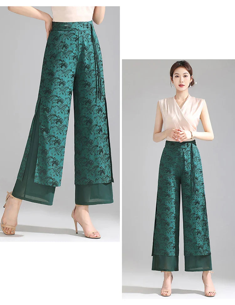 Chiffon Wide Wide Trousers Female Elegant Vintage New Pants Summer Thin Split Loose Skirt Pants Women Black Green