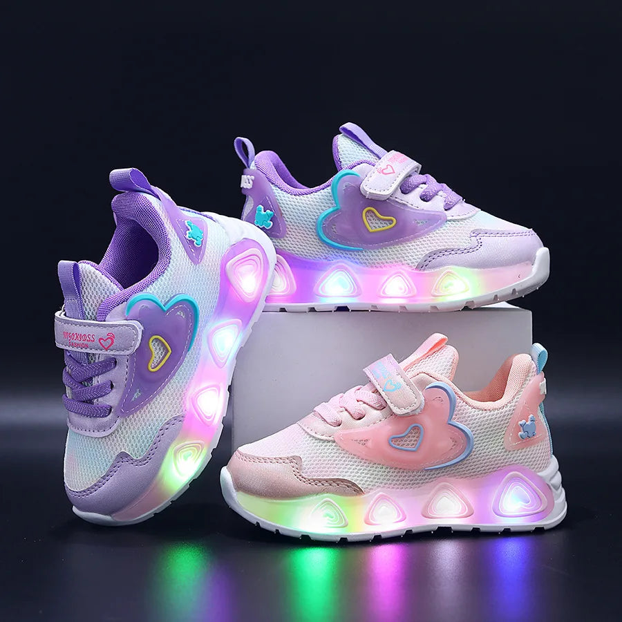Tenis Girls' Shoe 2025 Summer New Kid Sneakers LED Luminous Shoes Sweet Heart-shaped Girl Sneaker Soft Sole Anti Slip Kid Shoes