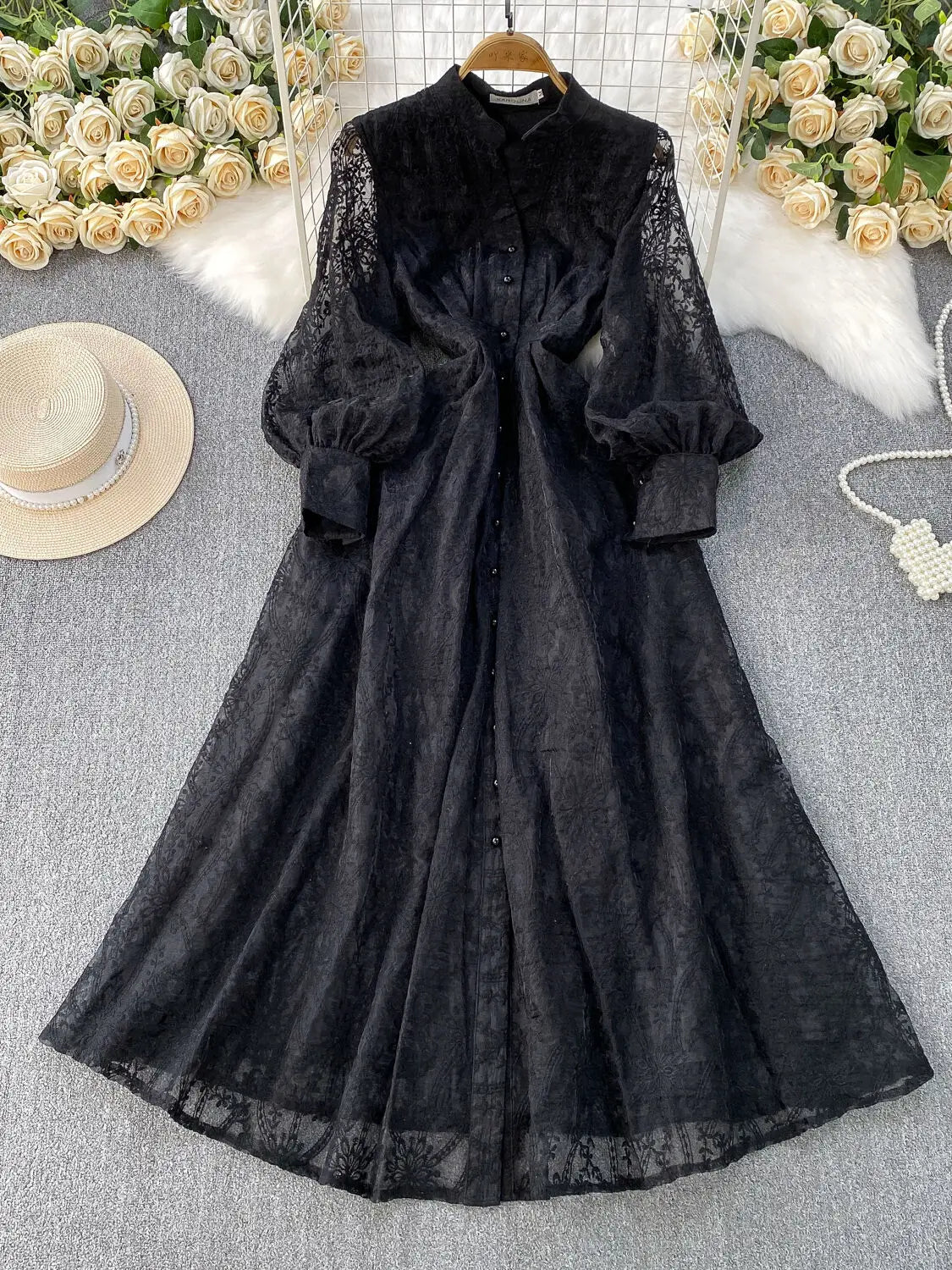 Autumn Embroidery Formal Evening Luxury Dress For Women Long Sleeve Crochet Lace Summer Dresses Single Breasted Party Vestidos