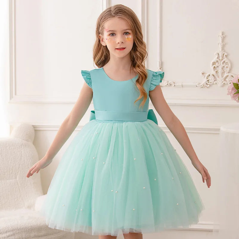 Baby Girl Party Dress Back Bow Elegant Flying Sleeve Mesh Tutu Dress with Pearl Solid Flower Girl Wedding Dress Birthday Gowns