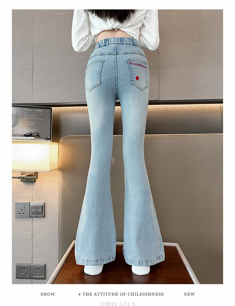 Child Slim Close-fitting Heart Pattern Flared Jeans For Girls Elegant Boot Cut Denim Leggings Pants Kids Fashion Jeans Trousers