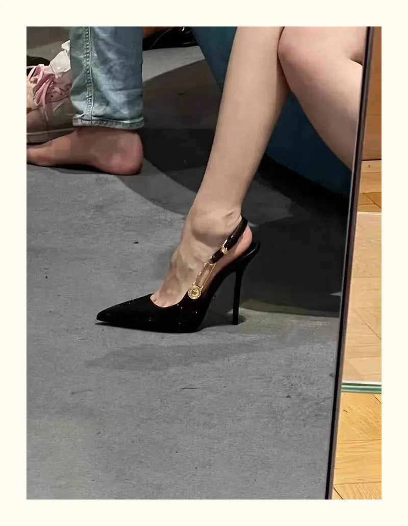 2025 Pointed-Toe Diamond High Heels For Women, Black Tight French Sexy Luxury Hollow Sandals
