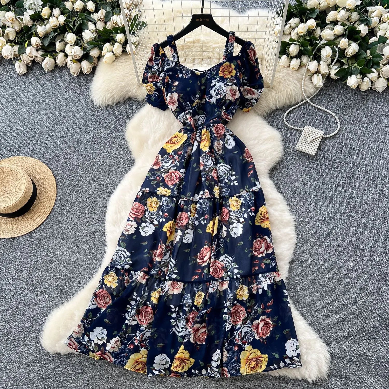 Summer 2025 French Style New Fashion Women's Elegant Trendy Printed Short Puff Sleeve Ankle Length Slim Dresses Female Clothes