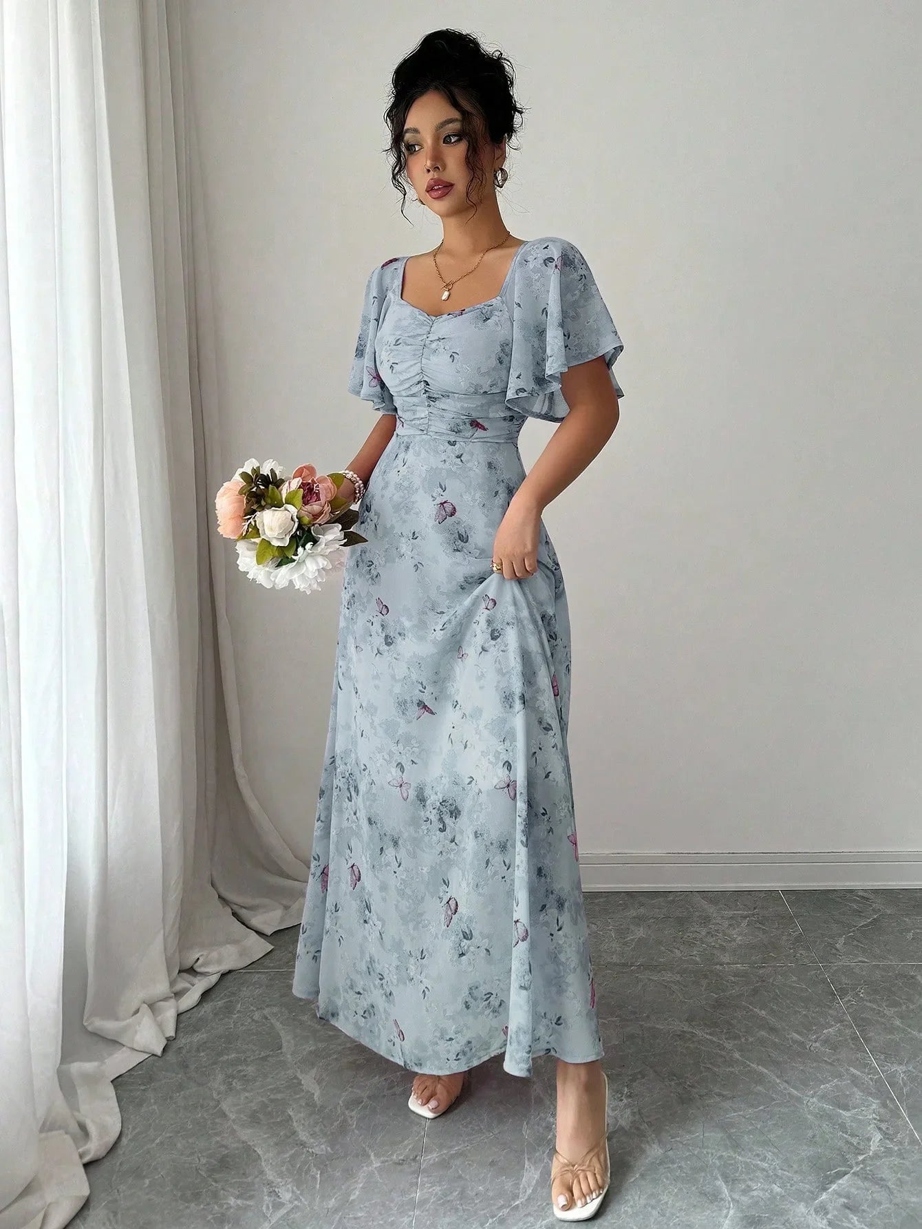 Fashionable Long Floral Print Dress Women's New Summer Slimming Age-Defying Dress Empire Waist Bubble Sleeve Knee-Length