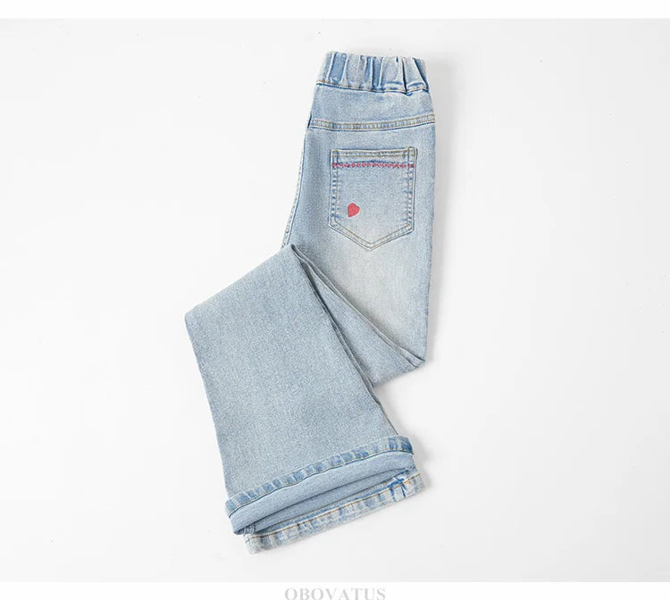 Child Slim Close-fitting Heart Pattern Flared Jeans For Girls Elegant Boot Cut Denim Leggings Pants Kids Fashion Jeans Trousers