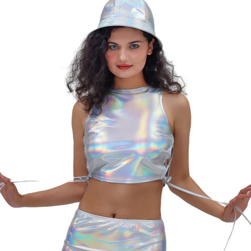 Hot Stamping Patent Leather Party Performance Costume Women's Sleeveless Strap Sleeveless Vest Nightclub Shorts Skirts