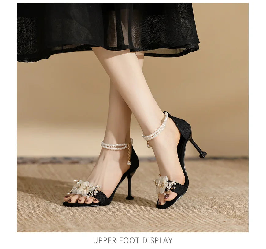 Small Size 31 -43 Women Peep Toe Sandals Wedding Heels Wide Fat Feet Shoes for Women Pearl Flower Bridal Shoes Zaptos Mujer