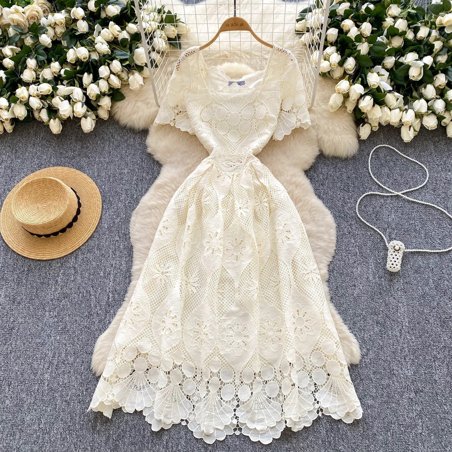 France Elegant Fashion Slim Evening Dress Women Hollow Out Lace Crochet Party Dress Female Casual Chic High End Clothing New