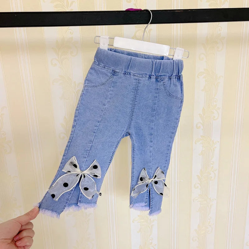 Spring Autumn New Children's Elastic Slit Flared Pants Baby Girls' Casual All Match Jeans Children Outer Wear Fashion Trousers