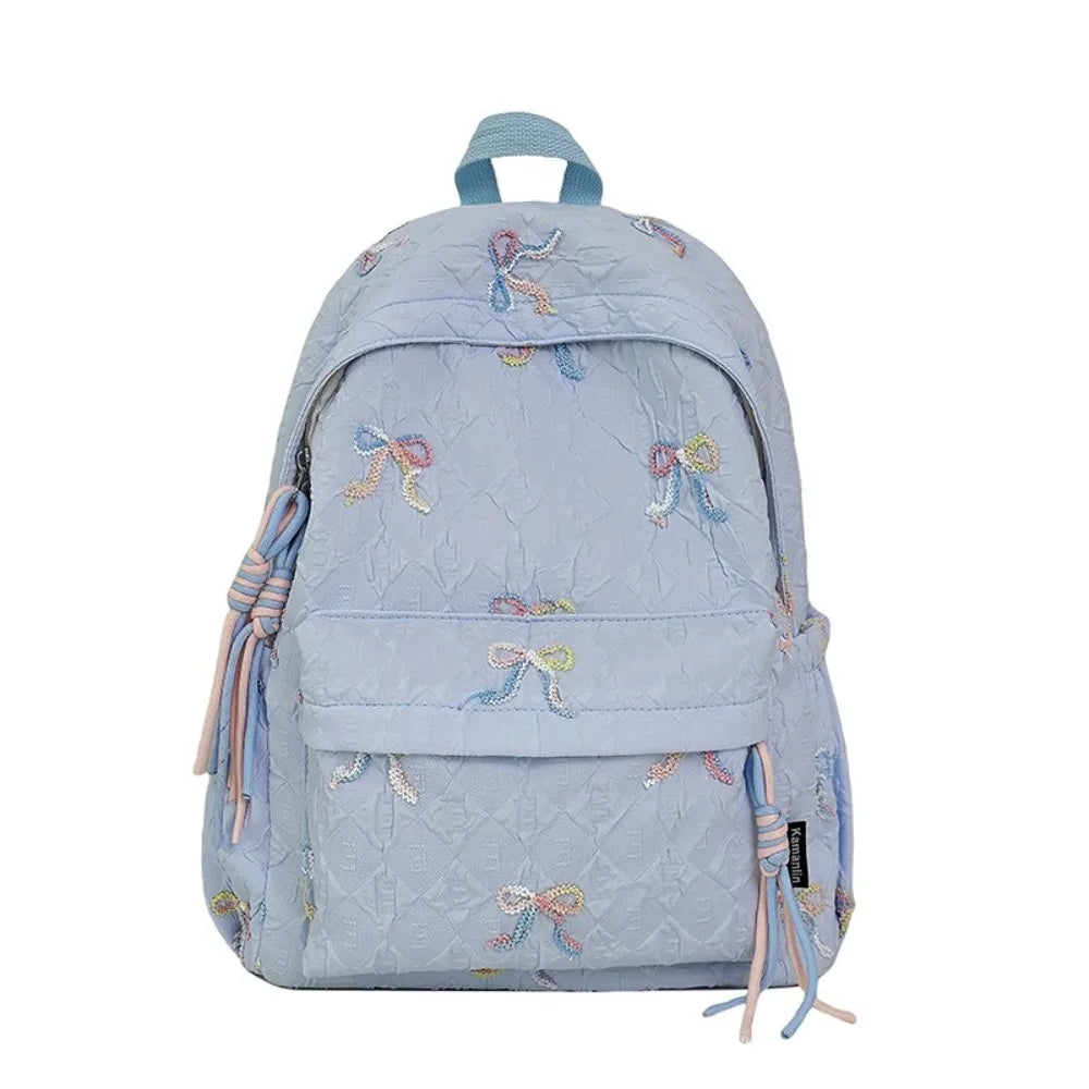 Fashion Embroidered Bow Backpack Nylon Large Capacity Students Schoolbag Multiple Pockets Wear-resistant Travel Rucksack