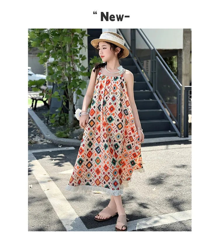 Girls' Summer Dress 2025 New Design for Children, Girls' Beach Bohemian Princess Dress for Older Kids.