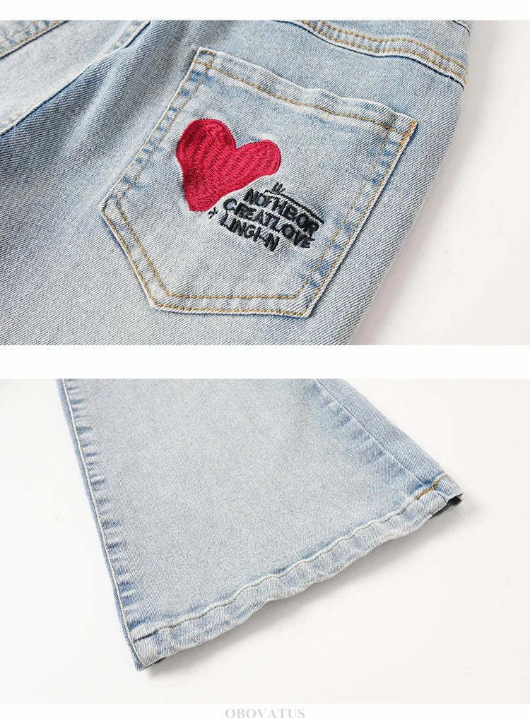 Child Slim Close-fitting Heart Pattern Flared Jeans For Girls Elegant Boot Cut Denim Leggings Pants Kids Fashion Jeans Trousers