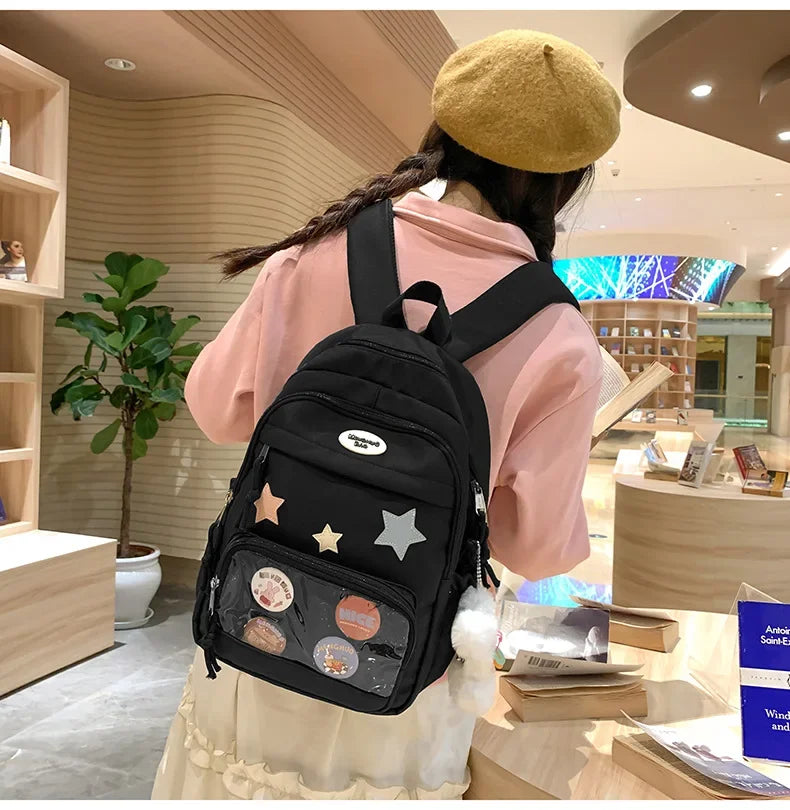 Casual Transparent Badge Large Capacity Commuter Backpack Suitable for Middle School Students Cute School Style Double Shoulder