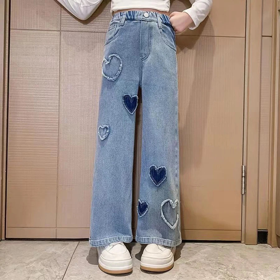 Girls' Heart Patch Jeans Spring 2025 New Stylish Children's Korean Fashion Long Pants for Girls Spring and Autumn Outerwear Pants
