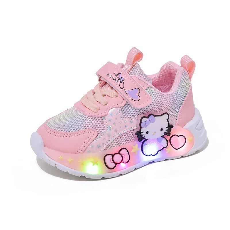 Sanrio LED Casual Sneakers For Spring Girls Hello Kitty Printed Mesh Breathable Shoes Children Lighted Non-slip Pink Purple