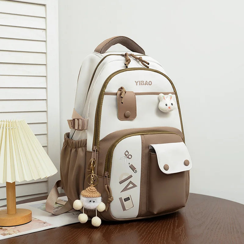 New cute rabbit children school backpack Fashionable splicing color contrast fresh lady knapsack kids schoolbags bring a doll