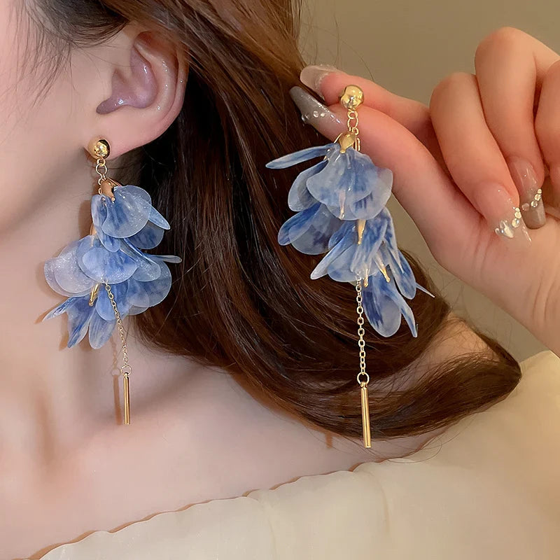 Pink Flowers Mesh Long Tassel Earrings For Women Sweet Temperament Crystal Drop Dangle Earring Party Wedding Jewelry Wholesale