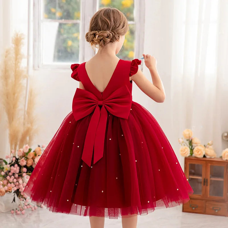 Baby Girl Party Dress Back Bow Elegant Flying Sleeve Mesh Tutu Dress with Pearl Solid Flower Girl Wedding Dress Birthday Gowns