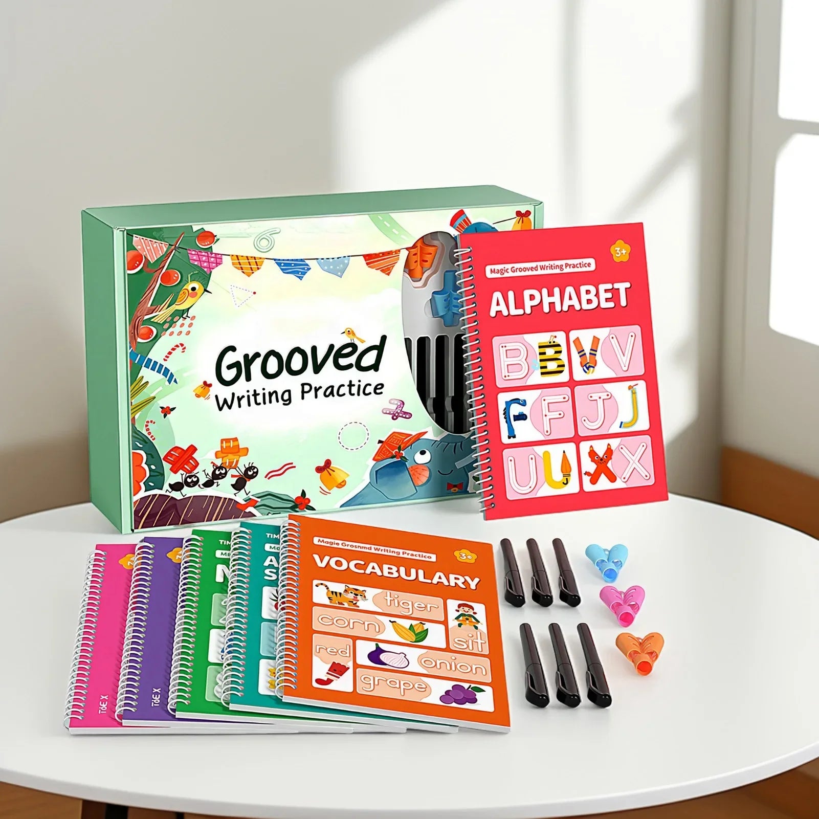 Kids Calligraphy Practice Book with Writing Correction Guide Reusable Handwriting Book with 6 Erasable Pens and 3 Grips