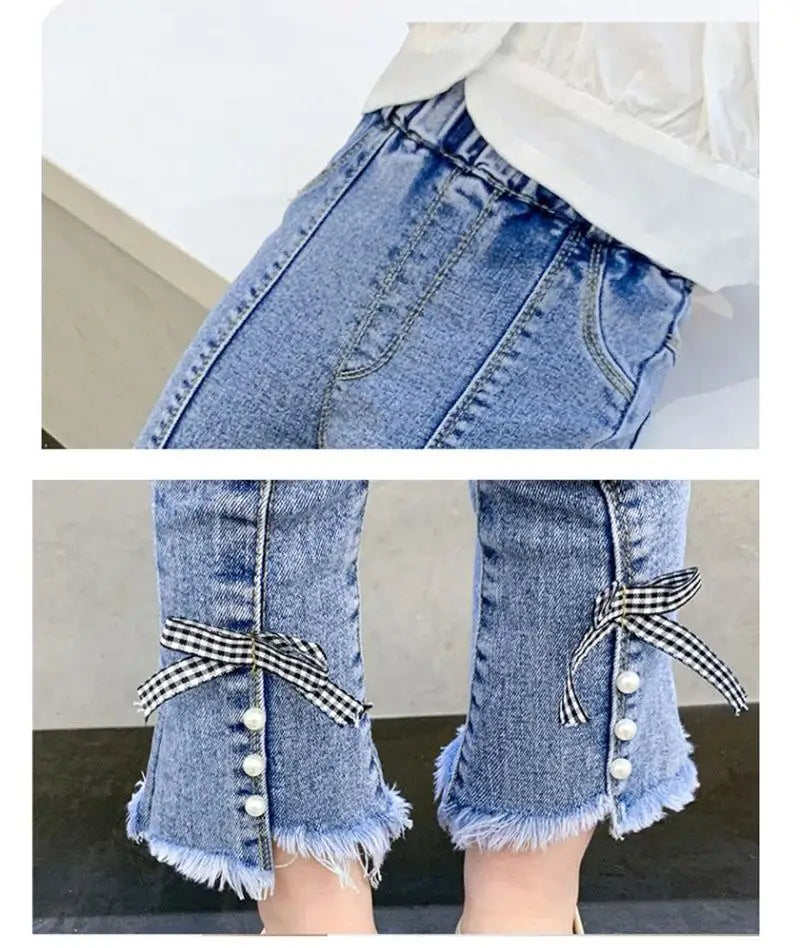 New Spring Kids Jeans Children Cute Bow Lace Denim Blue Pants Girls Embroidered Daisy Trousers