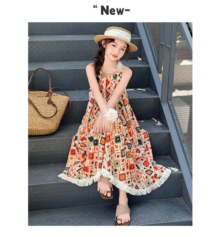 Girls' Summer Dress 2025 New Design for Children, Girls' Beach Bohemian Princess Dress for Older Kids.