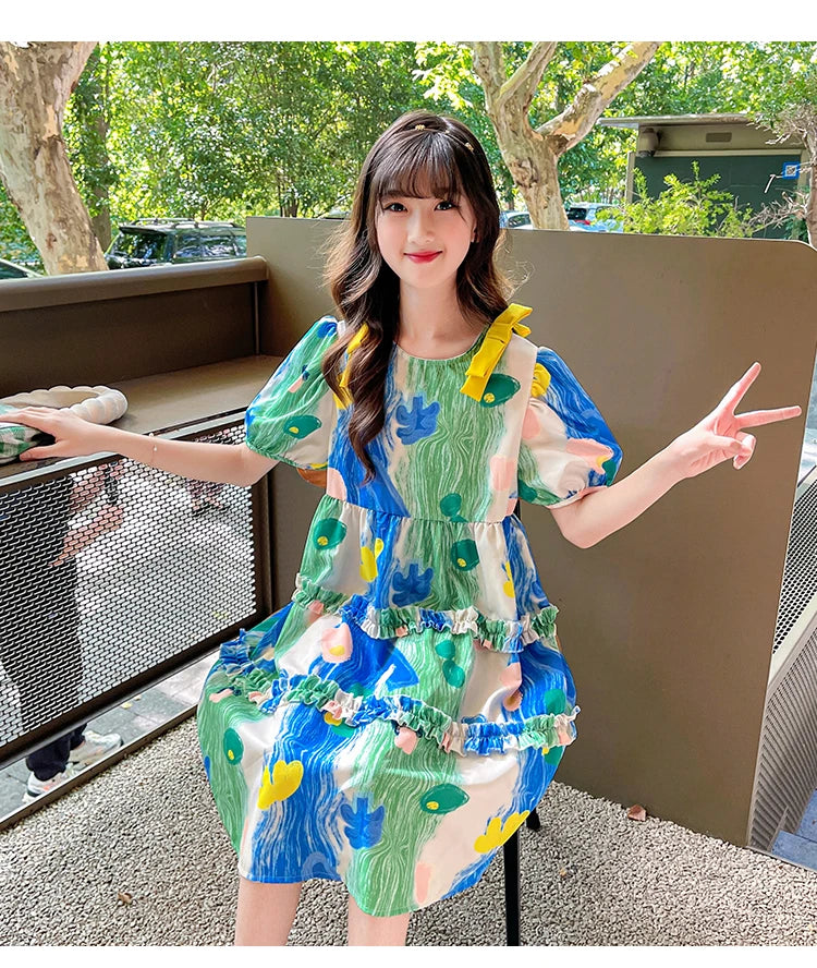 Summer Dress Girl Korean Style Sweet Floral Print Casual Kids Ruched Dresses Toddler Girls Clothes 4 5 6 7 8 9 10 12 14 Year Old