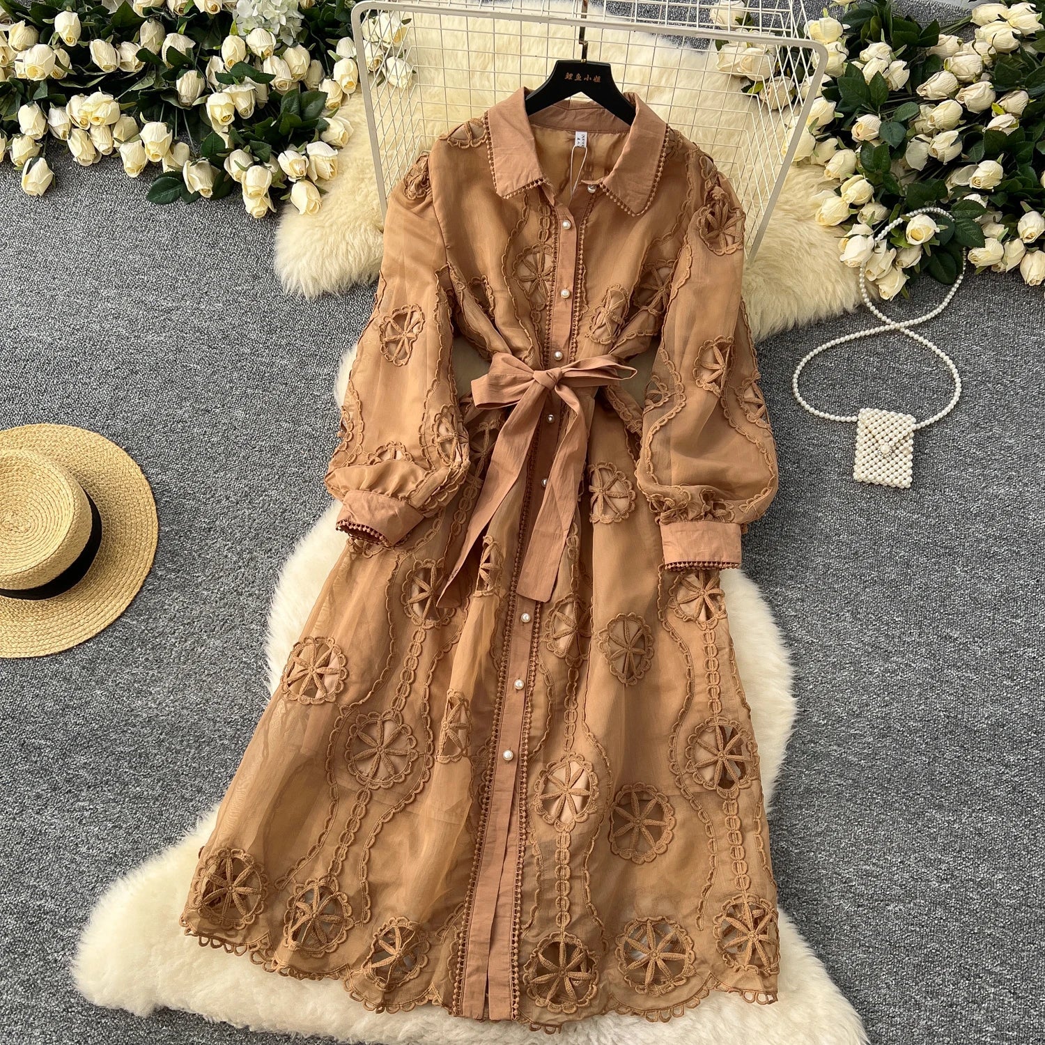 Elegant Embroidery Vintage Lantern Sleeves Lapel Single Breasted Chic Bandage Slim Long Dresses Women High Street Clothing