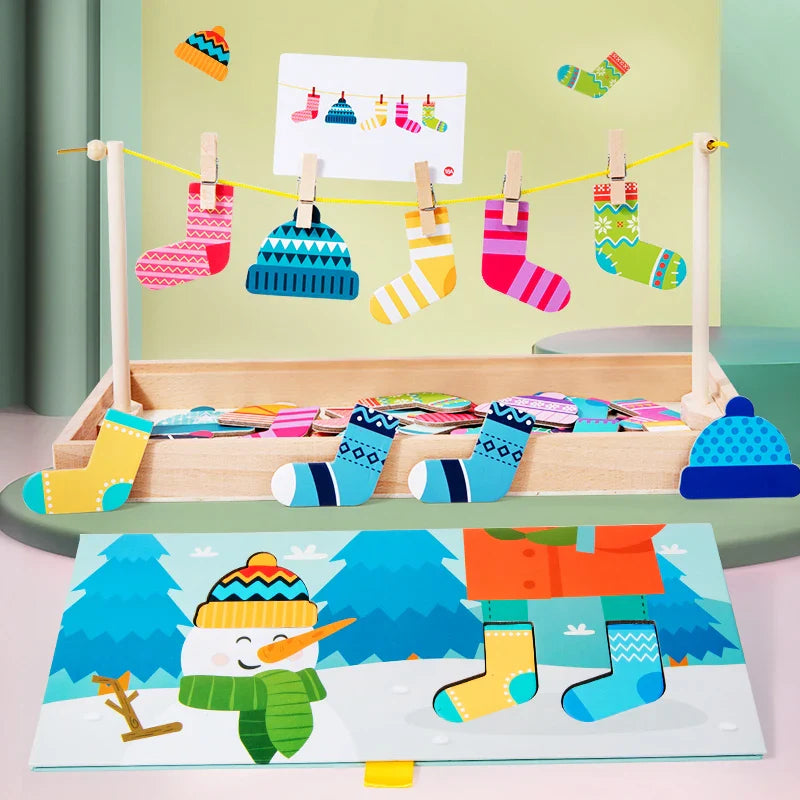 Wooden Fun Sock Drying Puzzle Montessori Toys Bear Change Clothes Jigsaw Puzzle Box Educational Matching Sorting Toys Gifts