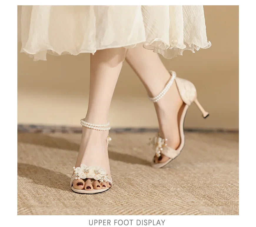 Small Size 31 -43 Women Peep Toe Sandals Wedding Heels Wide Fat Feet Shoes for Women Pearl Flower Bridal Shoes Zaptos Mujer