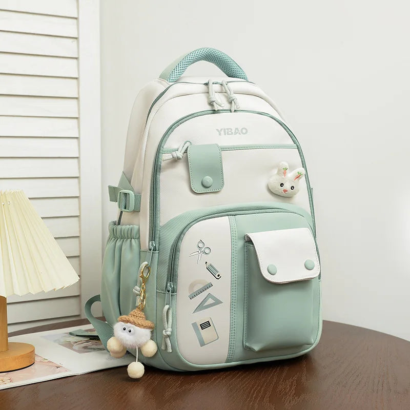 New cute rabbit children school backpack Fashionable splicing color contrast fresh lady knapsack kids schoolbags bring a doll