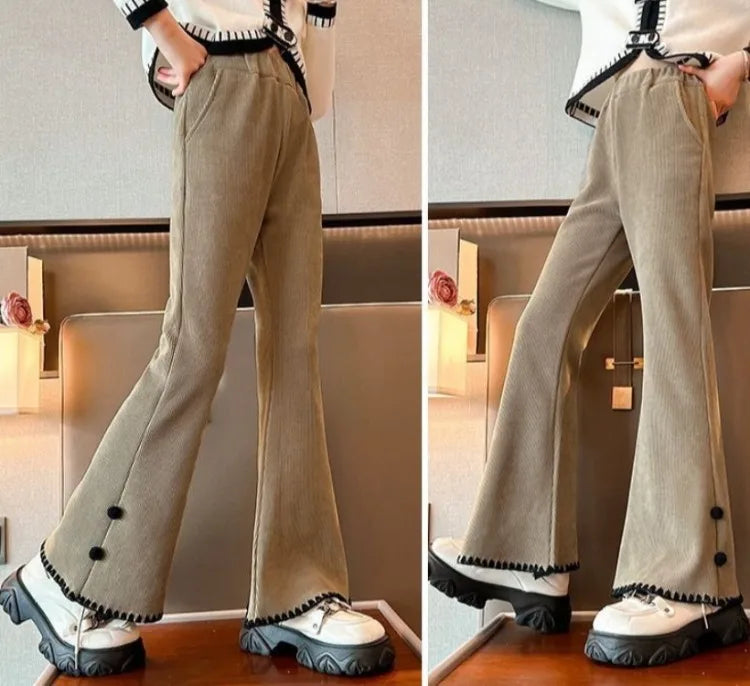 Girl's Autumn Winter New Mid-Weight Flared Jeans with Integrated Fleece-Lining, Stylish Casual Pants for Tween Girls