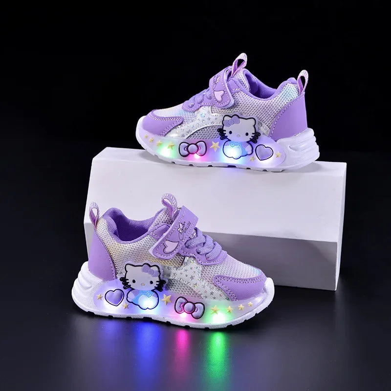 Sanrio LED Casual Sneakers For Spring Girls Hello Kitty Printed Mesh Breathable Shoes Children Lighted Non-slip Pink Purple