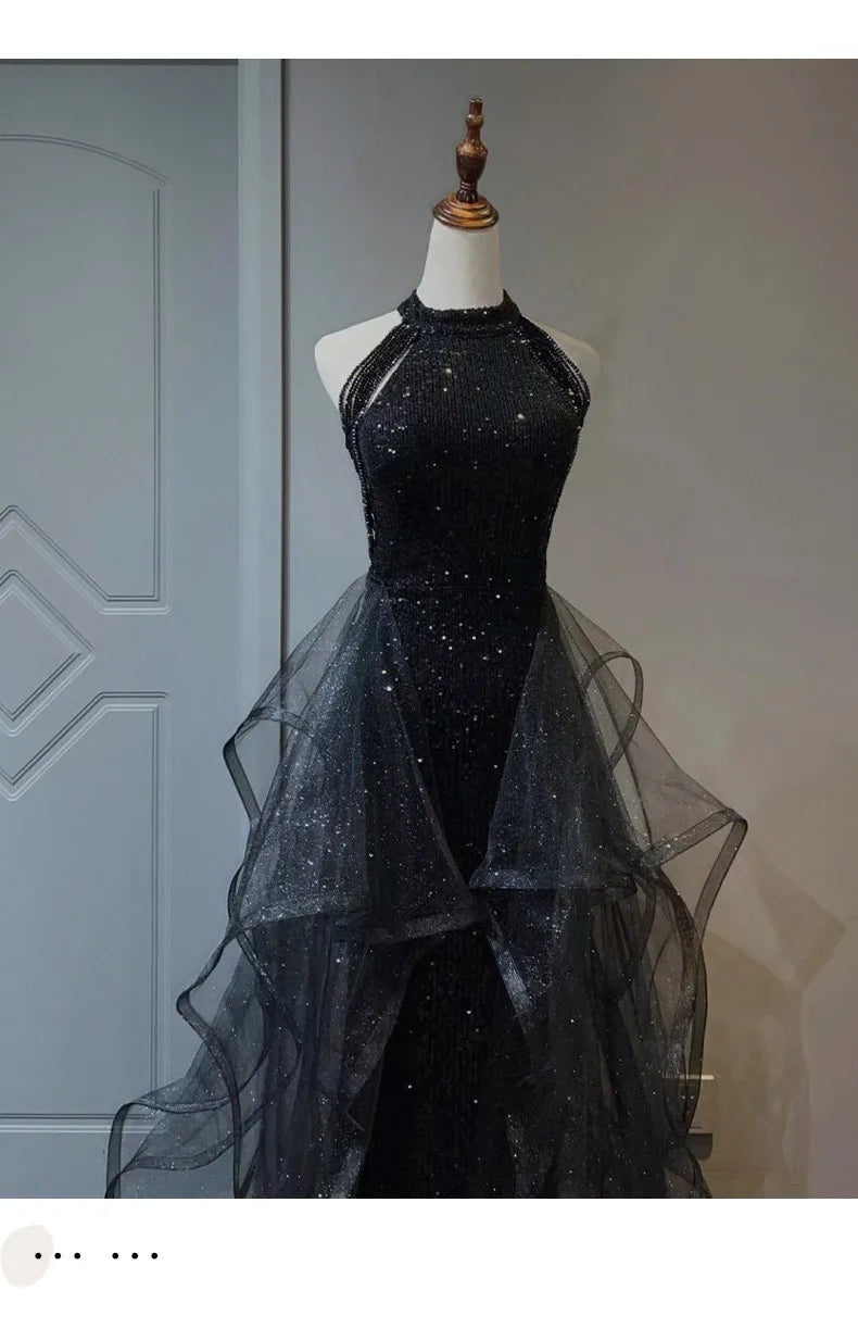 Black Sequined Evening Dress, High-end Light Luxury Hanging Neck Dress, High-end Feeling, Annual Meeting Art Exam for Women