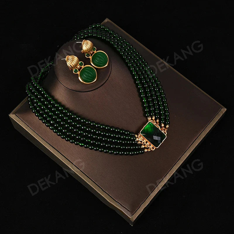 Exaggerated Green Crystal And Glass Multi-Layered Wearing Set Necklace Earrings