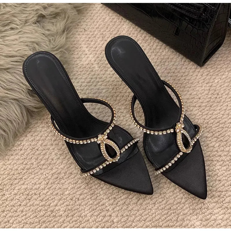 Luxury Rhinestones Gem Women Slippers Sandals Elegant Pointed toe Stiletto High heels Mules Slides Fashion Summer Party Shoes