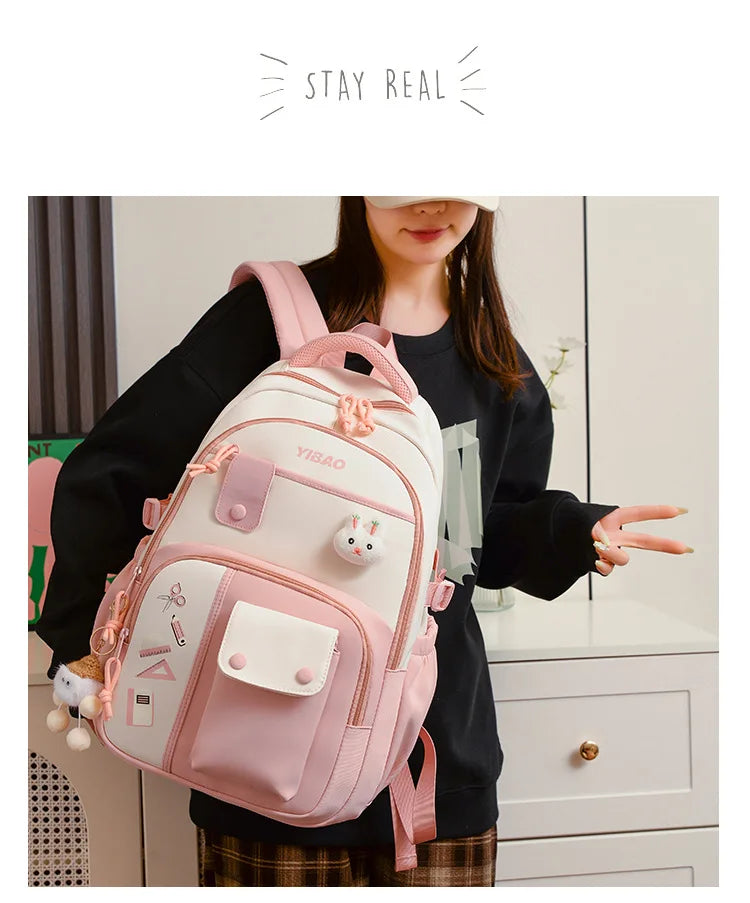 New cute rabbit children school backpack Fashionable splicing color contrast fresh lady knapsack kids schoolbags bring a doll