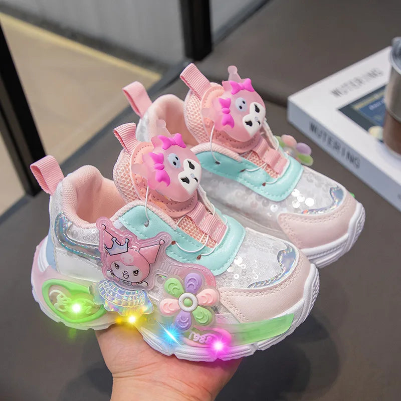 Kawaii Kuromi My melody Led Casual Sneakers Girl Cartoon Outdoors Rotating Buckle Shoes Children Led Luminous Sports Shoes