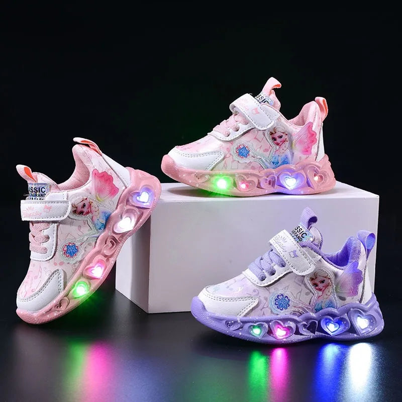 Kids Led Light Shoes Girls Disney Frozen Casual Sneakers Princess Elsa Children Toddler Breathable Sport Running Shoes