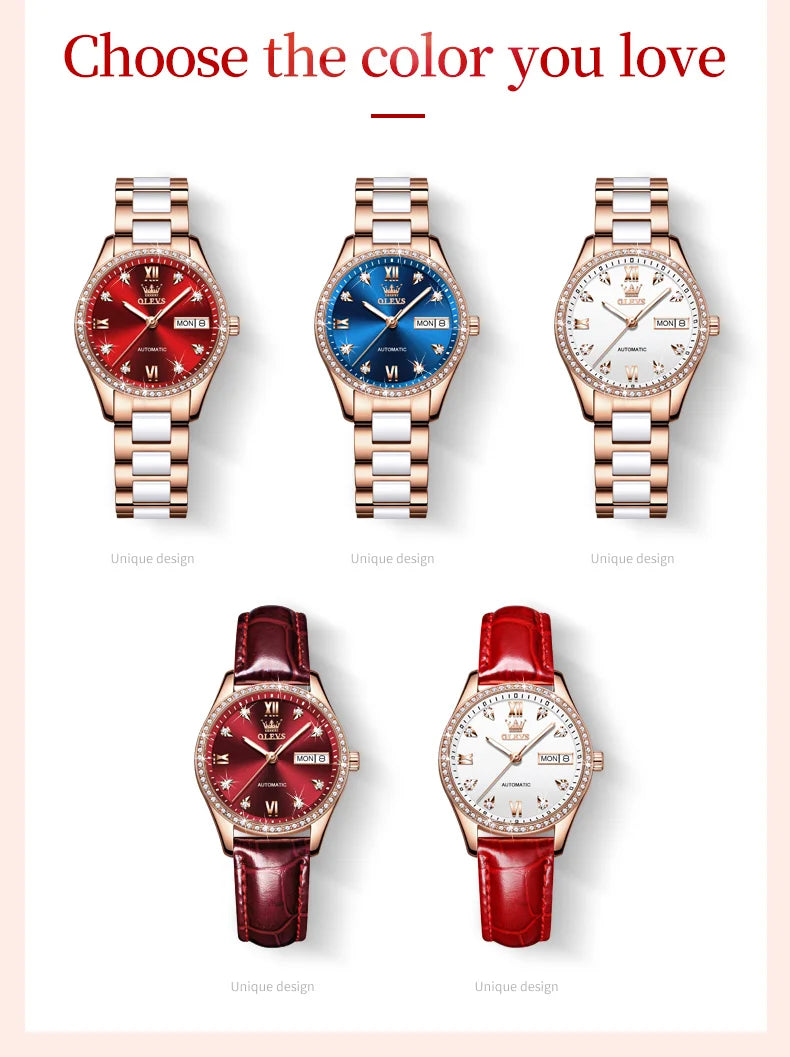OLEVS Fashion Women Mechanical Watches Luxury Diamond Ceramic Strap Waterproof Luminous Week Calendar Automatic Watch For Women