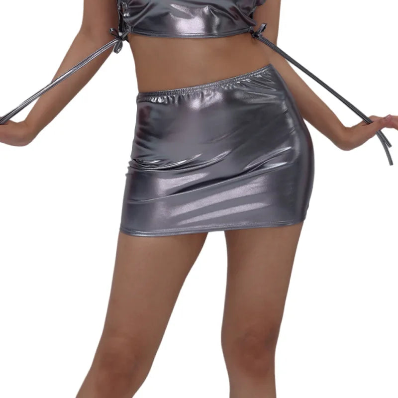 Hot Stamping Patent Leather Party Performance Costume Women's Sleeveless Strap Sleeveless Vest Nightclub Shorts Skirts