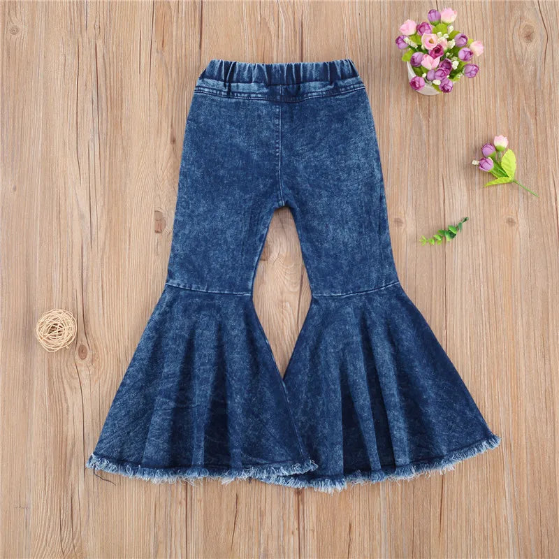 2-7Years Kids Girl Flared Jeans Blue Bell-Bottom High-Waist Basic Denim Pants Spring Fall Jeans For Girls