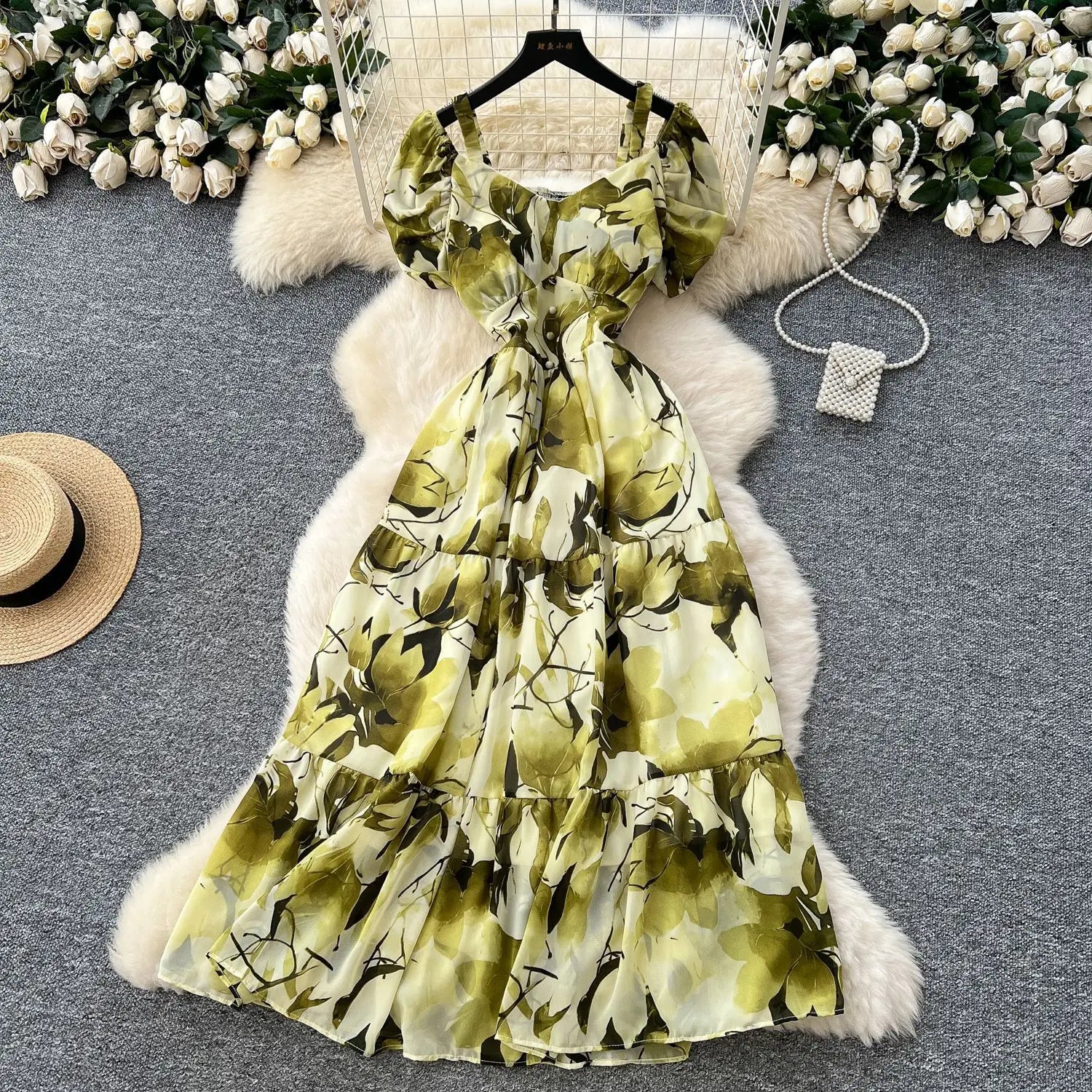 Summer 2025 French Style New Fashion Women's Elegant Trendy Printed Short Puff Sleeve Ankle Length Slim Dresses Female Clothes