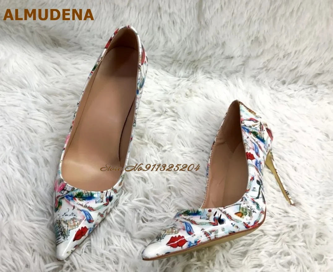 ALMUDENA White Patent Leather Eiffel Tower Red Lips Printed Wedding Shoes 12cm Sky High Heel Pointed Toe Slip-On Banquet Pumps